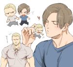  2boys ? ?? angry bara blonde_hair blue_eyes blue_shirt blush brown_hair brown_shirt chibi closed_eyes couple holding_hands incoming_kiss jack_krauser large_pectorals leon_s._kennedy looking_at_another multiple_boys muscular muscular_male open_mouth pectorals psmhbpiuczn resident_evil resident_evil_4 resident_evil_darkside_chronicles shirt short_hair simple_background smile translation_request upper_body yaoi 