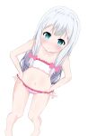  1girl absurdres barefoot bikini bikini_pull blue_eyes blush bow breasts clothes_pull eromanga_sensei hair_bow highres izumi_sagiri legs long_hair nanatsu_(809569407) navel pulled_by_self ribbon silver_hair simple_background small_breasts solo striped striped_bikini swimsuit thighs white_background white_bikini 