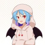  1girl :d alternate_costume bangs bat_wings blue_hair cato_(monocatienus) commentary_request contemporary drawstring fang gradient_hair hands_in_pockets highres hood hood_up hoodie multicolored_hair pink_hoodie purple_hair red_eyes remilia_scarlet simple_background smile solo touhou upper_body v-shaped_eyebrows wings 