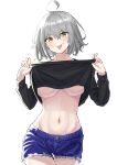  1girl absurdres ahoge bangs breasts denim eyebrows_behind_hair eyebrows_visible_through_hair fate/grand_order fate_(series) grey_hair hair_between_eyes highres jeanne_d&#039;arc_(alter)_(fate) jeanne_d&#039;arc_(fate) jeans kohaku_teru looking_at_viewer pants short_hair silver_hair simple_background smile solo stomach sweater tongue tongue_out undressing white_background yellow_eyes 