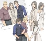  !? 1girl 2boys age_progression bandaged_arm bandages belt black_pants black_vest blonde_hair blue_eyes blue_shirt breasts brown_hair brown_shirt buttons closed_eyes closed_mouth collared_shirt crying crying_with_eyes_open dress jack_krauser leon_s._kennedy long_hair manuela_hidalgo multiple_boys pants photo_(object) psmhbpiuczn resident_evil resident_evil_4 resident_evil_darkside_chronicles scar scar_across_eye scar_on_face shirt short_hair sleeves_rolled_up smile tears teeth torn_clothes torn_dress vest white_dress 