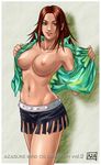  1girl azasuke belly_ring brazilian breasts brown_hair christie_monteiro dark_skin highres jewelry large_breasts nipples open_clothes shorts smile tekken undressing yellow_eyes 
