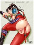  1girl anal anal_penetration anus ass azasuke bodysuit brown_eyes brown_hair censored highres insertion long_hair lying object_insertion on_side open_mouth penetration ponytail pussy skin_tight solo soul_calibur soulcalibur_ii spandex sword taki taki_(soulcalibur) torn_clothes weapon 