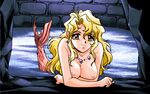  1girl 4bpp arm_support blonde_hair breasts game_cg gold_eyes jewelry long_hair looking_at_viewer lowres mermaid monster_girl necklace nipples nocturnal_illusion partially_submerged smile solo topless water wavy_hair well yellow_eyes 