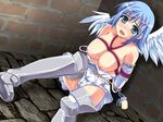  1girl angel arms_behind_back bdsm blue_hair blush bondage bound box_tie breast_bondage breasts crimson_armada green_eyes large_breasts nanael pussy_juice queen&#039;s_blade queen's_blade solo wings 