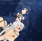  2girls anderwelt ball_gag bdsm blue_hair breasts circle_granatapfel city cleavage domantrix dominatrix gag himmelskind multiple_girls nipples pair red_eyes silver_hair 