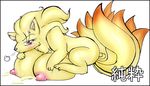  artist_request breasts furry huge_breasts lactation multiple_tails ninetales nipples pokemon puffy_nipples tail 