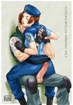  1boy 1girl azasuke beret buttjob censored chris_redfield hat highres jill_valentine looking_back penis resident_evil sex sitting sitting_on_person 