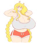  blonde_hair blue_eyes braid breasts cassie_(theycallhimcake) choker curvy gigantic_breasts gym_shorts midriff muscle navel shorts simple_background solo theycallhimcake thick_thighs thighs toned twin_braids wide_hips 