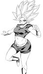  1girl big_hair bike_shorts breasts closed_mouth collarbone crop_top dragon_ball dragon_ball_super earrings floating highres jewelry kale_(dragon_ball) looking_at_viewer medium_breasts midriff navel rom_(20) skirt smile solo spiked_hair super_saiyan 