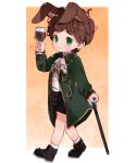  alcohol animal_ear_fluff animal_ears bare_legs black_footwear cane english_commentary green_eyes highres looking_at_viewer male_focus original rabbit_ears smile solo thebrushking 