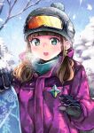  1girl akemiho_tabi_nikki bangs blue_eyes blunt_bangs bobblehat brown_hair coat day gloves goggles goggles_on_head goggles_on_headwear hat highres kouno_hikaru looking_at_viewer outdoors ski_goggles snowboard solo upper_body visible_air 