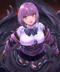  1girl :d aqua_bow aqua_bowtie azur_lane bangs black_skirt bow bowtie boxcutter breasts button_gap collared_shirt commentary_request eyebrows_visible_through_hair full_body gridman_universe hair_between_eyes highres holding_boxcutter jacket large_breasts light_blush liquid long_sleeves looking_at_viewer miniskirt off_shoulder open_mouth pantyhose partially_unzipped pink_hair pleated_skirt purple_jacket red_background red_eyes rigging sakamoto_(ojiojiojisanda) school_uniform shinjou_akane shirt short_hair sidelocks skirt smile solo ssss.gridman standing tentacles tentacles_under_clothes torn_clothes torn_legwear white_shirt 