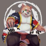  2021 aipangpangdeyua anthro asian_clothing belly black_nose brush canid canine canis clothed clothing domestic_dog east_asian_clothing fundoshi green_eyes hi_res humanoid_hands japanese_clothing kemono male mammal moobs overweight overweight_male paintbrush red_clothing red_fundoshi red_underwear solo underwear white_body 