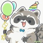  2021 balloon biped birthday black_eyes black_nose chibi clothing dot_eyes feral fur grey_body grey_fur hat headgear headwear inflatable mammal party_hat procyonid raccoon simple_background solo white_body white_fur yencatx 