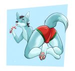  anthro bottomwear bulge candy canid canine clothing dessert food fox hi_res lollipop male mammal paws red_clothing shorts smenco_artist solo ych_result 