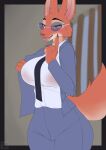  2021 absurd_res anthro blush breasts canid canine clothing diane_foxington dreamworks eyewear female fox fur glasses hi_res mammal necktie omega56 open_mouth orange_body orange_fur solo the_bad_guys tongue tongue_out 