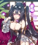  1girl animal_ears animal_on_head black_cat black_hair breasts cat cat_ears cat_on_head cleavage dress fang frilled_dress frills hattori_masaki highres jewelry large_breasts looking_at_viewer on_head open_mouth purple_eyes sennen_sensou_aigis twintails 