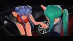  2girls absurdres arknights blue_hair car ch&#039;en_(ageless_afterglow)_(arknights) ch&#039;en_(arknights) china_dress chinese_clothes commentary double_bun dragon_girl dragon_horns dragon_tail dress formal green_hair ground_vehicle highres holding_hands horns hoshiguma_(arknights) letterboxed long_hair motor_vehicle multiple_girls official_alternate_costume oni_horns parted_lips ponytail red_dress red_eyes sidelocks single_horn sleeveless sleeveless_dress suit tail yurusu_delight 