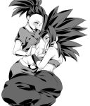  2girls blush breast_sucking breasts caulifla closed_mouth crop_top dragon_ball dragon_ball_super earrings greyscale highres holding_hands interlocked_fingers jewelry kale_(dragon_ball) large_breasts medium_breasts monochrome multiple_girls pants ponytail rom_(20) skirt spiked_hair strapless tube_top yuri 