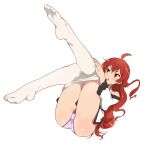  1girl bare_shoulders breasts bunching_hair eris_greyrat feet feet_up highres long_hair mushoku_tensei no_shoes open_mouth panties pink_panties red_eyes red_hair sbel02 small_breasts soles thick_eyebrows thighhighs underwear undressing white_background white_legwear 