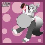 2021 3_toes 4_fingers absurd_res anthro barefoot belly belly_expansion belly_inflation beverage big_belly bottomwear canid canine chubby_female clothed clothing digital_drawing_(artwork) digital_media_(artwork) drinking expansion feet female fingers fox fox_tail fur fur_markings ghost ghostlyfoxy grey_body grey_eyes grey_fur grey_hair hair hi_res inflation looking_at_viewer mammal markings nala_(ghostlyfoxy) pants paws purple_background shirt simple_background slightly_chubby soda solo spirit toes topwear white_body white_fur 