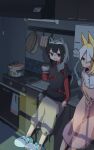  2girls alternate_costume animal_ears black_hair black_shirt blonde_hair bow capri_pants casual collar common_raccoon_(kemono_friends) dress eyebrows_visible_through_hair fennec_(kemono_friends) fox_ears fox_girl frilled_collar frills grey_hair grey_pants hair_between_eyes highres kemono_friends kitchen leaning multicolored_hair multiple_girls nanana_(nanana_iz) pants pink_dress raccoon_ears raccoon_girl raccoon_tail red_bow red_sweater shirt short_hair short_sleeves slippers sweater t-shirt tail white_collar white_hair 