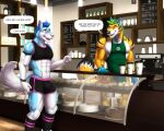 2021 5_fingers abs anthro apron barista beverage biceps blue_body blue_hair blush bulge cafe cake canid canine canis clock clothed clothing coffee coffee_shop container cup dessert dialogue digital_media_(artwork) domestic_dog dream_and_nightmare duo english_text felid feline fingers food footwear fox fur green_hair hair humor husky hybrid lights male male/male mammal muffin multicolored_body multicolored_clothing multicolored_fur multicolored_tail muscular muscular_anthro muscular_male navel nipples nordic_sled_dog open_mouth orange_body pecs smile socks speech_bubble spitz text watch white_body 