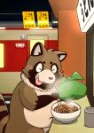  2021 absurd_res anthro bani_kemono belly biped blush brown_body brown_fur canid canine detailed_background eyes_closed food fur hi_res humanoid_hands inside kemono mammal navel raccoon_dog sitting slightly_chubby solo tanuki train train_station vehicle 