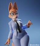  2021 5_fingers anthro blue_background canid canine chunkerbuns clothing diane_foxington dreamworks eyewear female fingers fox fur glasses gradient_background hi_res mammal simple_background smile solo suit the_bad_guys 