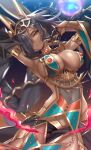  1girl aegis_(persona) armpits black_hair breasts cleavage covered_navel dark-skinned_female dark_skin egyptian egyptian_clothes finger_to_mouth hair_ornament hair_over_one_eye hattori_masaki headgear highres large_breasts navel one_eye_covered see-through sennen_sensou_aigis solo tan yellow_eyes 