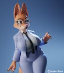  2021 5_fingers anthro big_breasts blue_background breasts canid canine chunkerbuns clothing diane_foxington dreamworks eyewear female fingers fox fur glasses gradient_background hi_res huge_breasts mammal simple_background smile solo suit the_bad_guys 