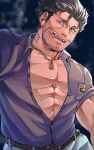  1boy bara belt brown_belt dagon_(housamo) facial_hair jewelry large_pectorals long_sideburns male_focus mature_male muscular muscular_male necklace noramoso open_mouth pants partially_unbuttoned pectoral_cleavage pectorals purple_shirt shirt short_hair sideburns smile solo stubble teeth tokyo_afterschool_summoners tongue tongue_out white_pants 
