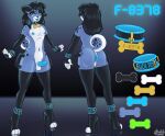  anthro anus balls black_hair blue_body blue_fur butt canid canine canis collar domestic_dog frecklethefox fur genitals girly hair handles_on_hips hi_res living_latex living_sex_toy male mammal model_sheet penis spots 