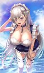  1girl absurdres arm_behind_head artist_name azur_lane bangs belfast_(azur_lane) blue_eyes blue_sky braid breasts cleavage collarbone eyebrows_visible_through_hair feet_out_of_frame french_braid hand_on_own_knee highres large_breasts leaning_forward long_hair looking_at_viewer maid maid_headdress misa_pika nail_polish ocean on_water open_mouth red_nails silver_hair sky smile solo standing thighhighs water white_legwear 