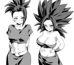  2girls belt blush breasts caulifla cleavage closed_mouth crop_top dragon_ball dragon_ball_super earrings greyscale jewelry kale_(dragon_ball) large_breasts looking_at_viewer medium_breasts midriff monochrome multiple_girls navel pants ponytail rom_(20) spiked_hair standing strapless tube_top 