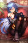  1girl absurdres artist_name bangs bare_shoulders bed black_legwear blue_gloves blue_hair breasts closed_mouth collarbone cow_horns eyebrows_visible_through_hair feet full_body ganyu_(genshin_impact) genshin_impact gloves hair_between_eyes highres horns large_breasts long_hair long_sleeves looking_at_viewer misa_pika no_shoes pantyhose purple_eyes sideboob sitting smile solo toes 