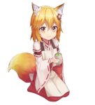  1girl :3 absurdres animal_ear_fluff animal_ears apron bangs blonde_hair check_commentary closed_mouth commentary_request cup eyebrows_visible_through_hair fox_ears fox_tail full_body green_tea hair_between_eyes hair_ornament hakama highres holding holding_cup japanese_clothes light_blush looking_at_viewer medium_hair orange_eyes red_hakama ribbon-trimmed_sleeves ribbon_trim seiza senko_(sewayaki_kitsune_no_senko-san) sewayaki_kitsune_no_senko-san simple_background sitting solo tail tea white_background yansae81 