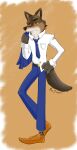  2021 4_fingers absurd_res anthro belt blue_clothing brown_body brown_fur canid canine canis clothing dreamworks fingers footwear fur hi_res male mammal mr._wolf_(the_bad_guys) mr_fuwa necktie shoes simple_background smile smirk solo the_bad_guys wolf 