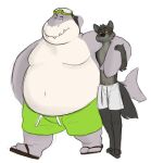  2021 anthro belly black_body canid canine canis clothing conell dreamworks duo embrace fish footwear hi_res hug male male/male mammal marine moobs mr._shark_(the_bad_guys) mr._wolf_(the_bad_guys) overweight overweight_male sandals shark simple_background swimwear the_bad_guys white_background wolf 