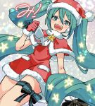  1girl absurdly_long_hair aqua_eyes aqua_hair capelet commentary cowboy_shot dress dutch_angle finger_to_headwear from_below fur-trimmed_capelet fur-trimmed_dress fur-trimmed_gloves fur_trim gloves glowing hat hatsune_miku hekopon long_hair looking_at_viewer necktie open_mouth pom_pom_(clothes) red_capelet red_dress red_gloves red_headwear ribbon santa_costume santa_dress santa_gloves santa_hat smile solo star_(symbol) star_ornament thigh_ribbon translated twintails very_long_hair vocaloid white_necktie 