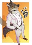  2021 anthro artist_name belt biped black_nose border bottomwear brown_body brown_fur canid canine canis clothed clothing dreamworks english_text eyewear eyewear_on_head footwear fully_clothed fur hands_in_pockets hi_res male mammal mr._wolf_(the_bad_guys) orange_sclera pants pockets pose shirt shoes solo standing suit suit_jacket sunglasses sunglasses_on_head tail_motion tailwag text the_bad_guys topwear white_border wolf zourik 