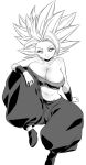  1girl arm_support baggy_pants breasts caulifla cleavage closed_mouth collarbone dragon_ball dragon_ball_super greyscale highres large_breasts looking_at_viewer midriff monochrome pants rom_(20) shoes sitting smile solo spiked_hair strapless super_saiyan super_saiyan_2 tube_top 