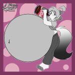  2021 3_toes 4_fingers absurd_res anthro barefoot belly belly_expansion belly_inflation beverage big_belly bottomwear canid canine chubby_female clothed clothing digital_drawing_(artwork) digital_media_(artwork) drinking expansion feet female fingers fox fox_tail fur fur_markings ghost ghostlyfoxy grey_body grey_eyes grey_fur grey_hair hair hi_res hyper hyper_belly inflation looking_at_viewer mammal markings nala_(ghostlyfoxy) pants paws purple_background shirt simple_background slightly_chubby soda solo spirit toes topwear white_body white_fur 