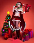  boots breasts christmas christmas_clothing christmas_headwear christmas_tree cleavage clothed clothing elf female footwear gift gloves handwear hat headgear headwear hi_res holding_gift holding_object holidays humanoid humanoid_pointy_ears legwear lerapi looking_at_viewer not_furry plant santa_hat solo thigh_highs tree 