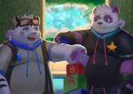  2021 aipangpangdeyua anthro belly black_nose clothing cute_fangs duo felid giant_panda hi_res hoodie humanoid_hands inside kemono male mammal overweight overweight_male pantherine purple_body tiger topwear ursid white_body 