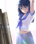  1girl arms_up backlighting black_hair blackminolith_(2ne) easel freckles glasses grey_eyes grey_skirt hanasaku_iroha highres lens_flare mizuno_eri navel school_uniform serafuku shirt short_hair short_sleeves skirt smile solo white_shirt 