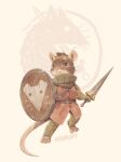  2021 absurd_res anthro biped brown_body brown_fur clothed clothing fur hi_res kaouruart mammal melee_weapon mouse murid murine rodent shield solo sword tails_of_iron video_games weapon 