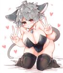  &lt;3 ahoge animal_humanoid big_breasts big_ears blush breasts cleavage clothed clothing double_v_sign female gesture grey_hair hair hi_res humanoid kneeling legwear leotard mammal mammal_humanoid mouse_humanoid murid murid_humanoid murine murine_humanoid nazrin pendant red_eyes rodent rodent_humanoid sabitare shirt_collar short_hair smile solo thigh_highs touhou v_sign video_games 