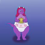  2021 3_toes 5_fingers anthro ball big_breasts blue_background blue_eyes breasts claws clean_diaper diaper diaper_only dragon feet female fingers hair hi_res hodgepodgedl holding_ball holding_object horn humanoid_hands nipples overweight overweight_anthro overweight_female pink_hair purple_body purple_nipples purple_skin scalie simple_background solo standing thick_thighs toe_claws toes wide_hips 